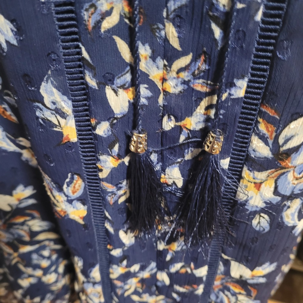 Navy Swiss Dot Floral Boho Romantic Bell Sleeve Shift Dress Tassel Lace WHBM M‎ - Picture 6 of 7